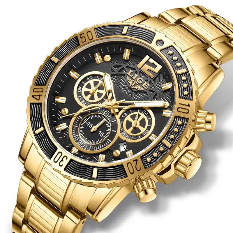 LIGE 8990 Quartz Wrist Watch Calendar Luminous Clock Wristwatch (Gold Black)
